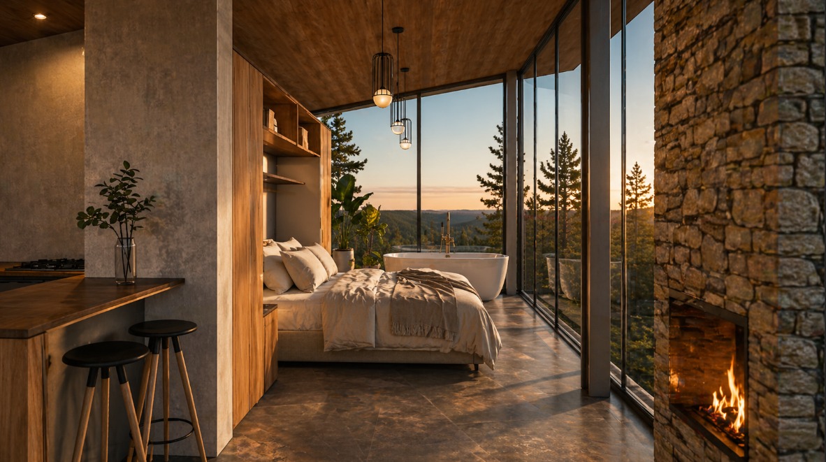 Interior Altavista Reserve — Chimenea y vista panorámica